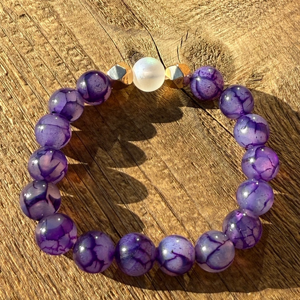 Purple Dragon Vein and focal moonstone with gold Beaded Bracelet